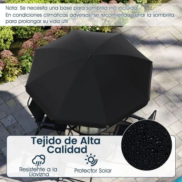 Conjunto exterior de 6 peças com guarda-sol, mesa redonda e cadeiras dobráveis para 4 pessoas para jardim, preto