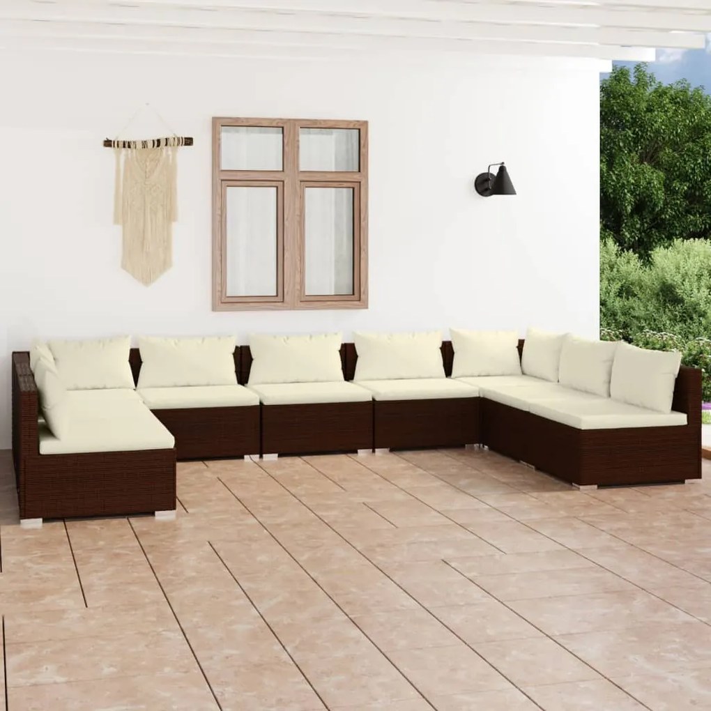vidaXL 9 pcs conjunto lounge jardim c/ almofadões vime PE castanho