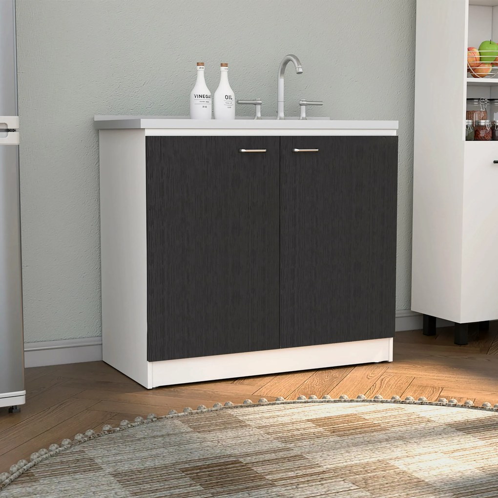 Móvel de cozinha com lava-louças e bancada de alumínio e prateleiras internas, 90cm a x 52,5 cm p x 100cm L, branco/preto