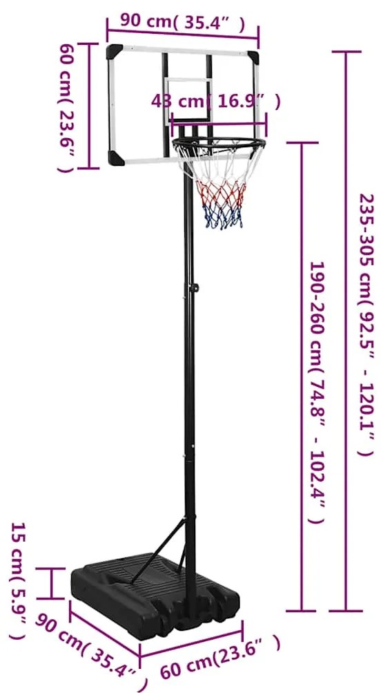 Tabela de basquetebol 235-305 cm policarbonato transparente
