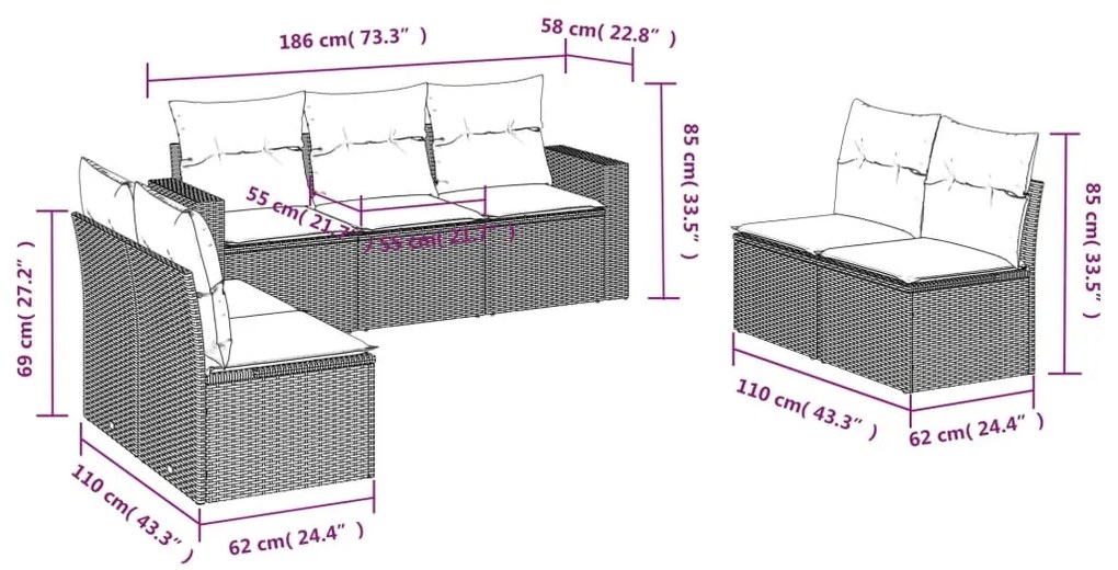 7 pcs conjunto de sofás p/ jardim com almofadões vime PE bege
