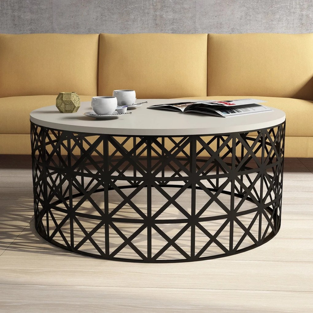 Mesa de Centro Selin Metal Ferforje – Creme e Preto – 90x90x38 cm