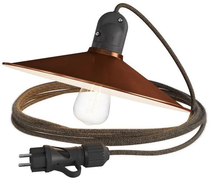 Eiva Snake com abajur, lâmpada portátil para exterior, cabo têxtil de 5 m, suporte da lâmpada à prova de água IP65 e ficha - Sim Branco e Cobre Escova