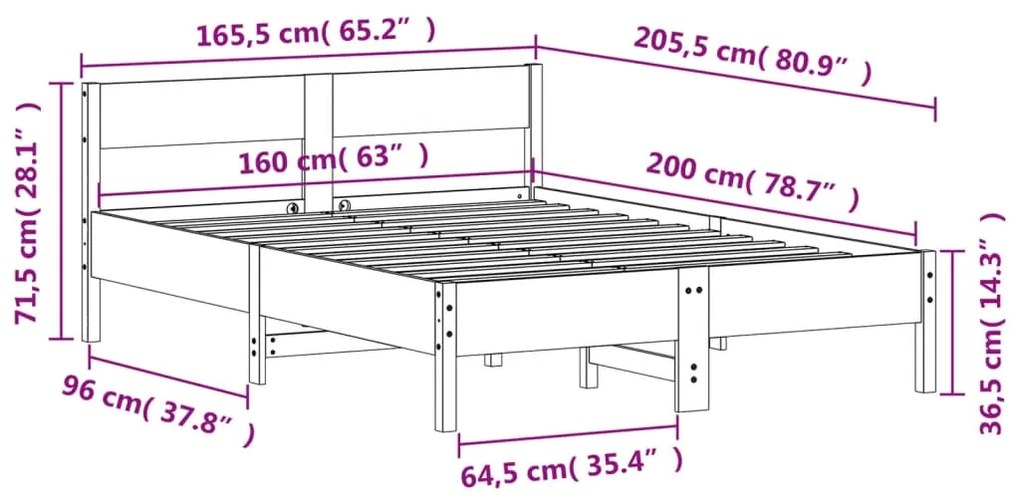 Estrutura cama c/ cabeceira 160x200cm pinho maciço castanho-mel