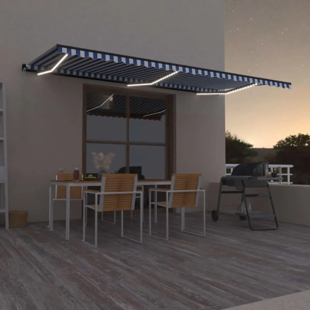 Toldo retrátil manual com LED 600x300 cm azul e branco