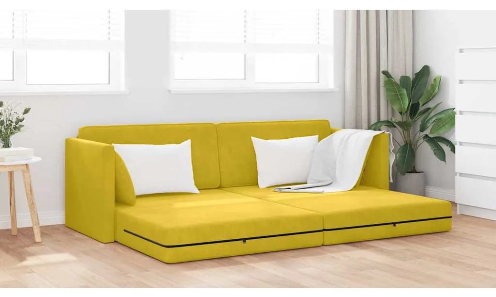 Sofá-Cama de Chão 2 em 1 Amarelo 213x144x60 cm Veludo
