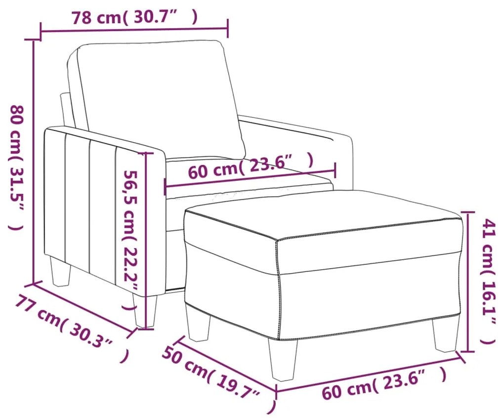 Poltrona com apoio de pés couro artificial 60 cm cinzento