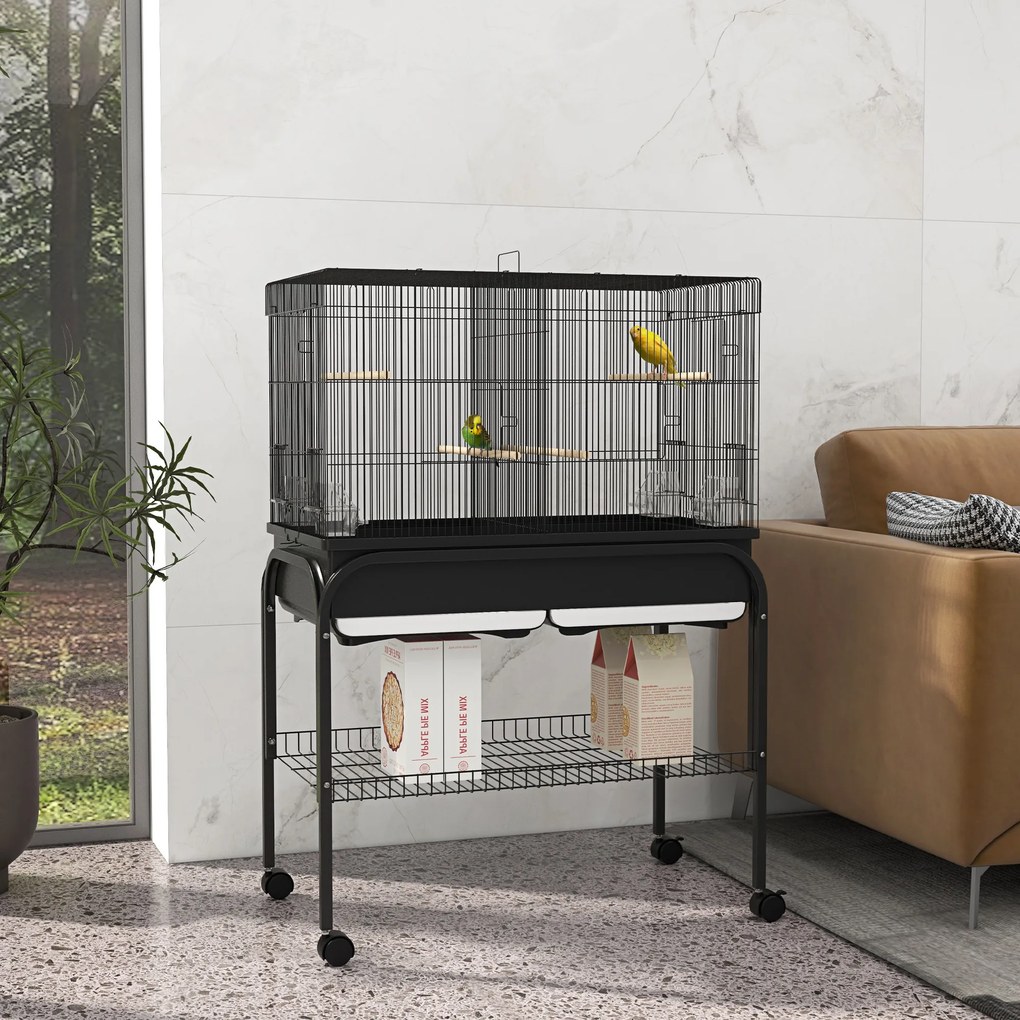 Gaiola grande para pássaros com rodas, ideal para cacatuas, periquitos, canários e papagaios – 85 x 49 x 119 cm, preta