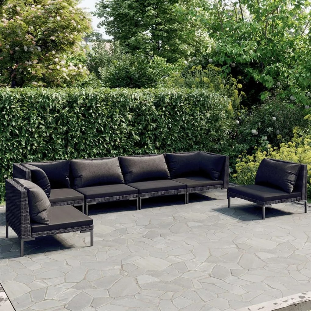 vidaXL 6 pcs conj. lounge jardim c/ almofadões vime PE cinzento-escuro