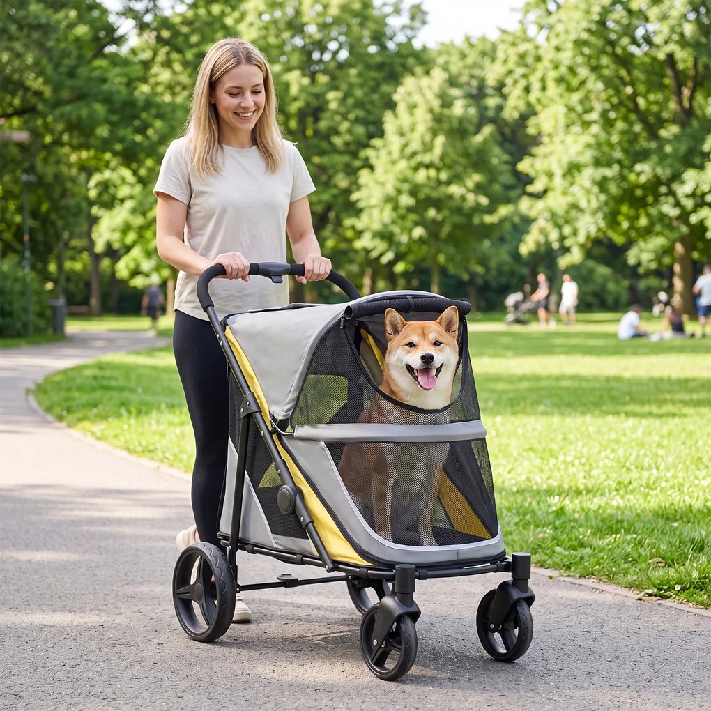 Carrinho Dobrável para Animais de Estimação, 105 x 68 x 102 cm, Dobragem Rápida, Amarelo+Cinza
