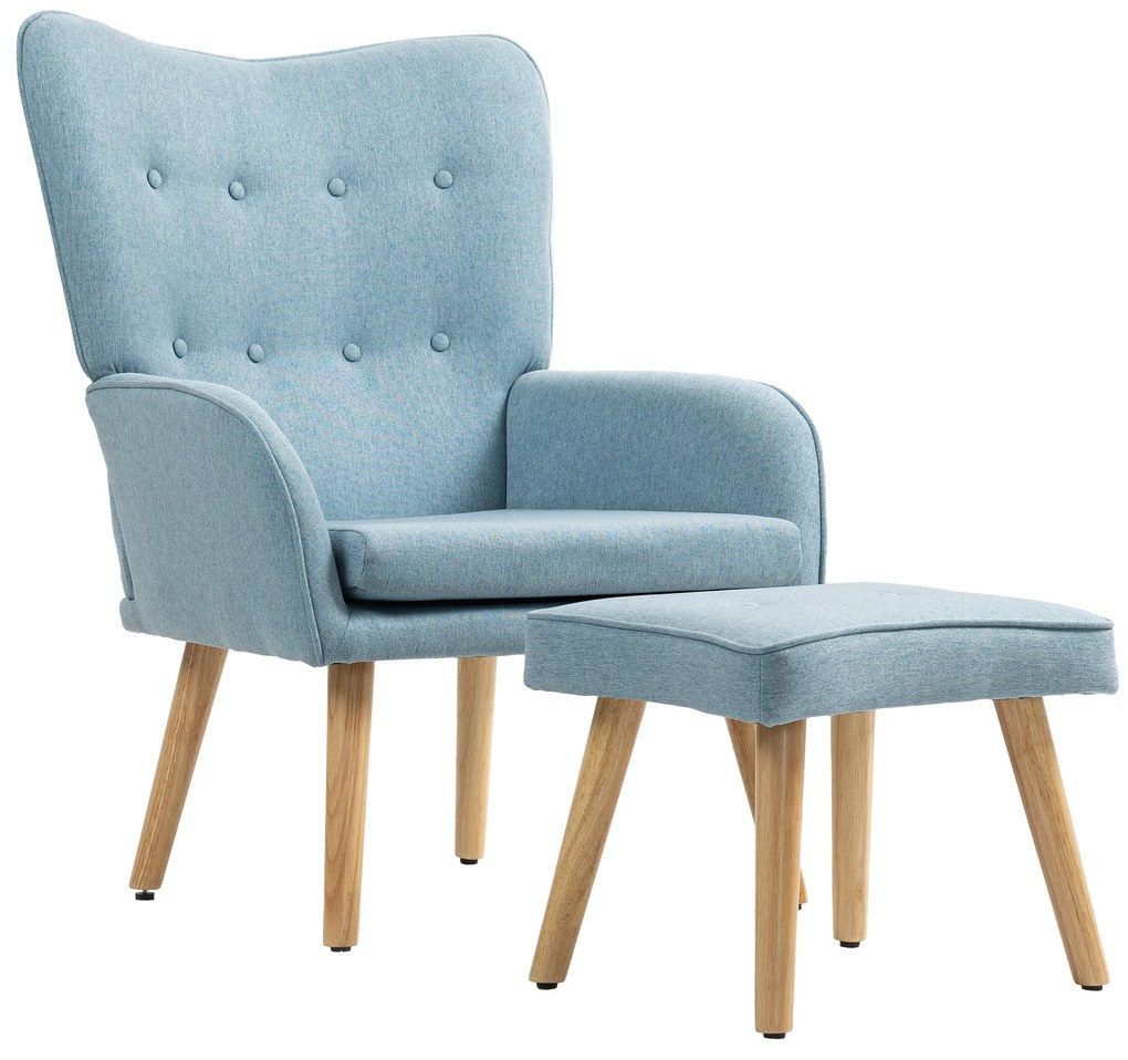 Poltrona com Apoio para Pés Poltrona de Leitura com Capitonê Pés de Madeira e Revestimento em Linho 70x72x94 cm Azul Claro