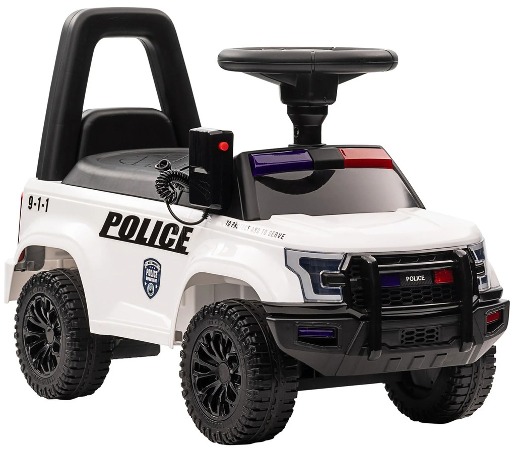 HOMCOM Carro Andador de Policia para Bebé de 18-60 Meses Carro sem Pedais com Buzina Megafone Compartimento de Armazenamento e Encosto Removível 62x29x43cm Branco