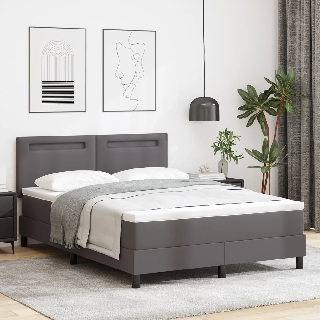 Cama Box Spring vidaXL com Colchão Cinza 140x190 cm em Couro Sintético