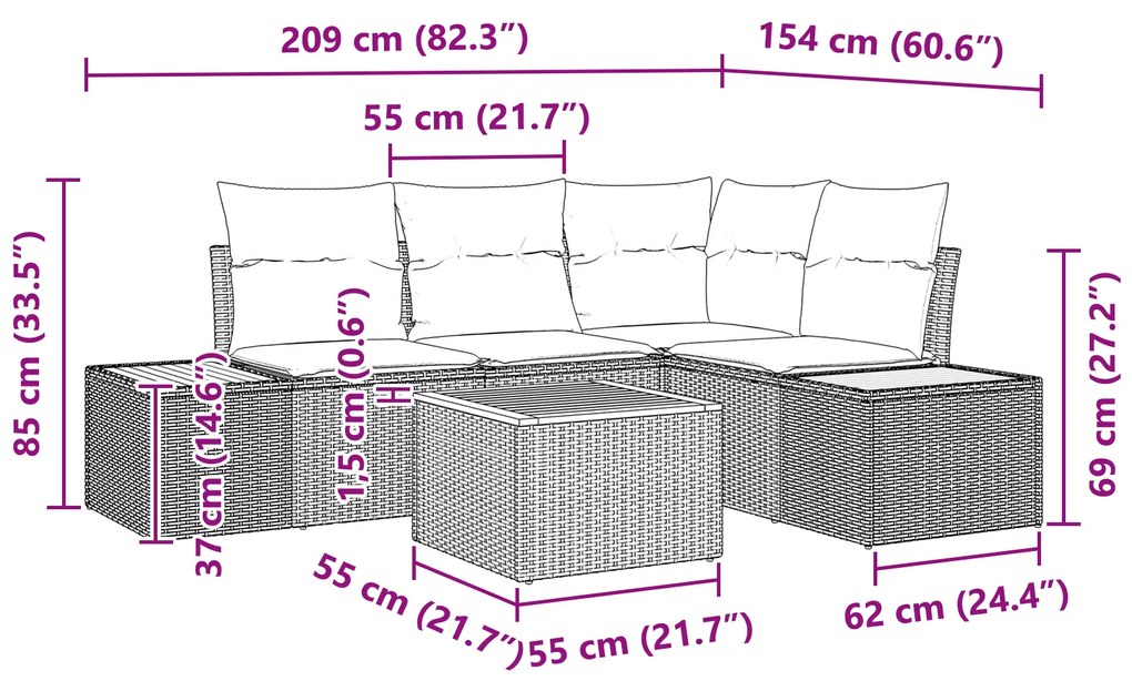 Conjunto de Sofá de Jardim de 5 Peças com Almofadas Preto Rattan Sinté