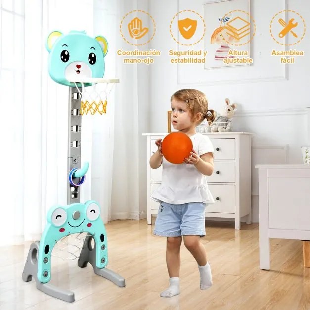 Cesto de basquetebol e futebol em forma de urso Centro de actividades 3 em 1 para crianças 54 x 49 x 133-158 cm Turquesa e cinza