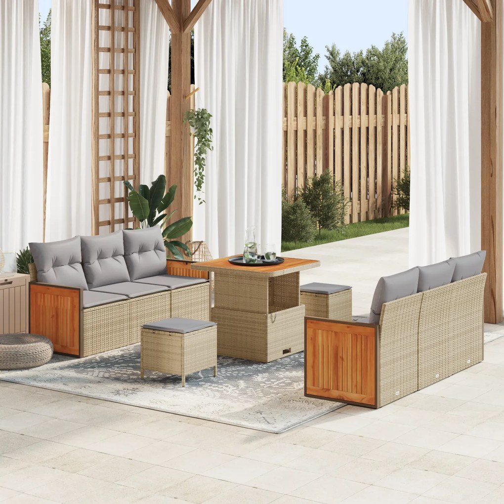 Conjunto de Sofá Modular de 9 Peças vidaXL com Almofadas Bege Vime Polipropileno Acácia