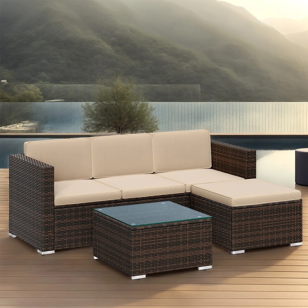 Conjunto de jardim, mobiliário de pátio em Polyrattan, mobiliário de varanda com almofadas e mesa de vidro Castanho-taupe