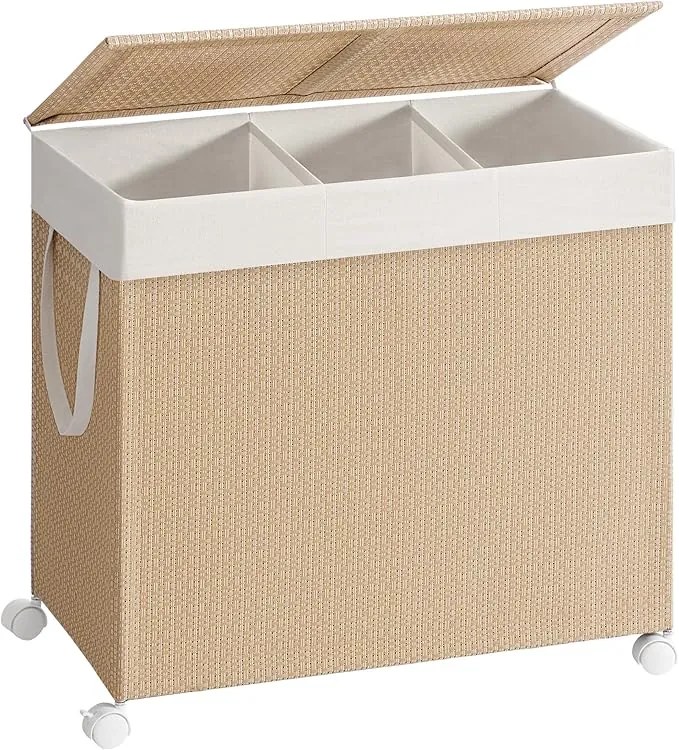 Cesto de roupa suja SONGMICS HOME com 3 seções, grande cesto de roupa com rodinhas de 140 L com rodas, cesto de roupas de vime com tampa, forro removível com alças, bege natural e branco fosco LCB602N01