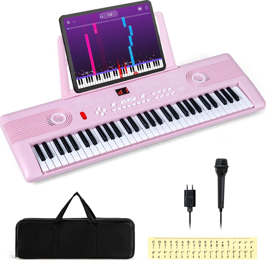 Teclado de piano portátil de 61 teclas com suporte para partituras, microfone, autocolantes de notas e bolsa – 58 x 18 x 5 cm – Rosa