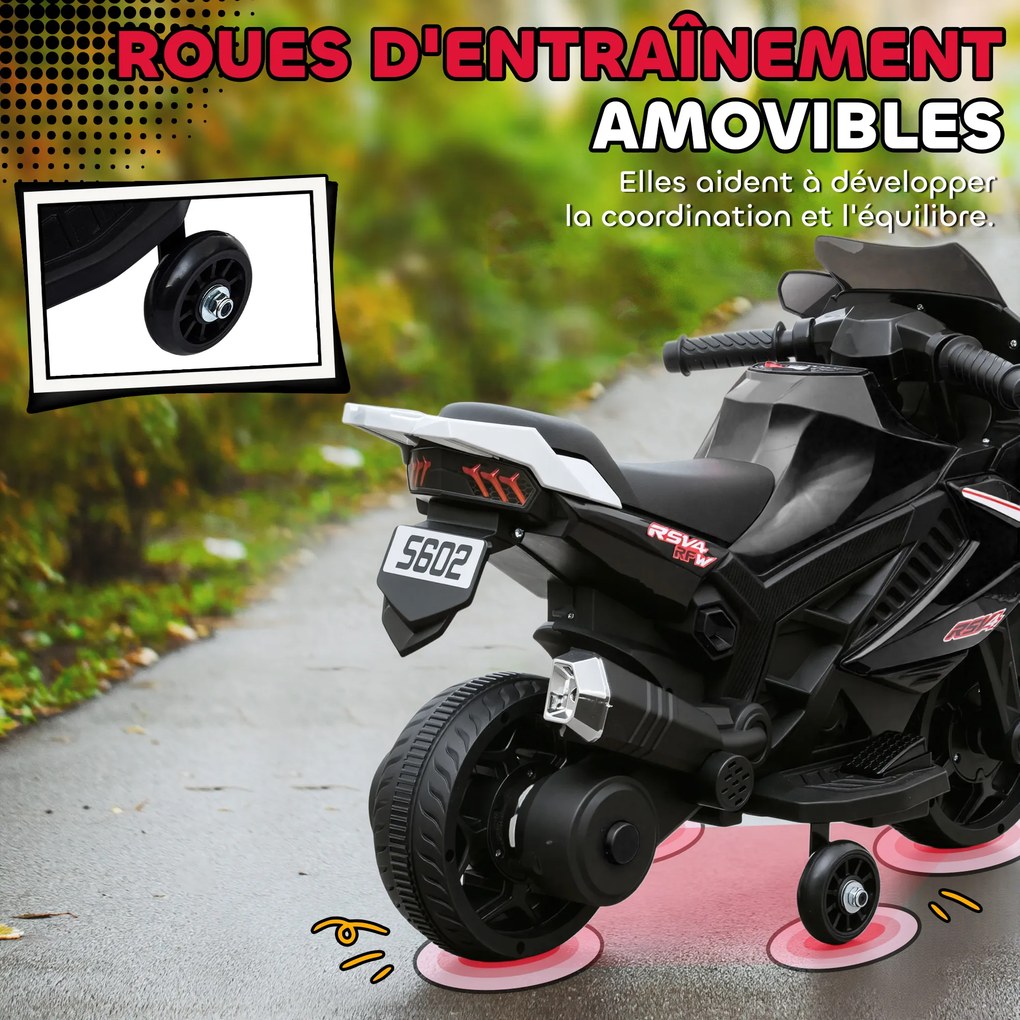 Moto elétrica para crianças 18-36 meses, moto a bateria de 6 V com efeitos luminosos e sonoros, rodas de treino, 75 x 36 x 49 cm, preta