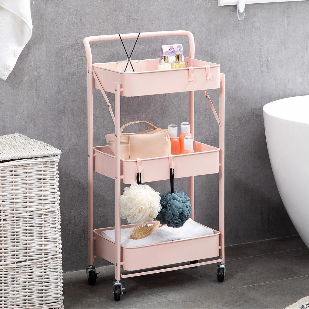Carrinho Auxiliar com Rodas Dobrável Carrinho de Armazenamento de 3 Níveis com 4 Ganchos para Casa de Banho Cozinha Sala de Estar 43x31x89cm Rosa