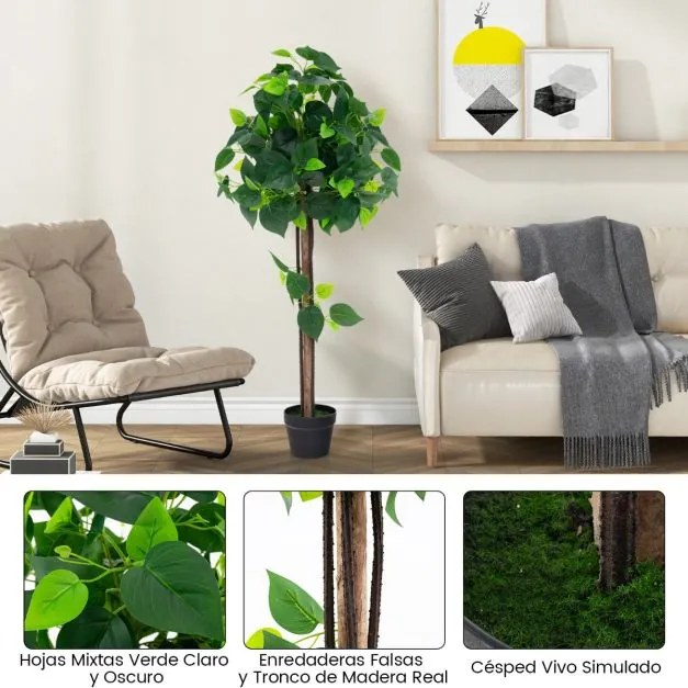Árvore artificial de 114 cm com tronco de madeira Folhas de hortênsia realistas Vides para escritório verde