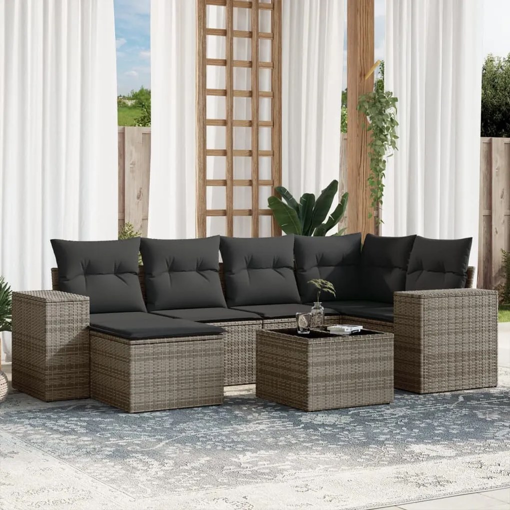 7 pcs conjunto sofás p/ jardim c/ almofadões vime PE cinzento