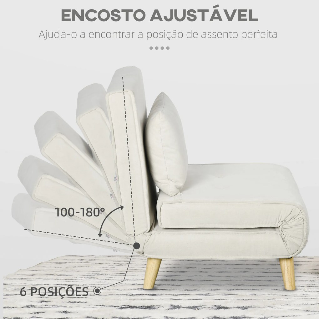 Sofá Cama Individual Poltrona Cama Dobrável Estofada em Linho Sintético com Encosto Ajustável em 6 Posições 72x78x79 cm Creme