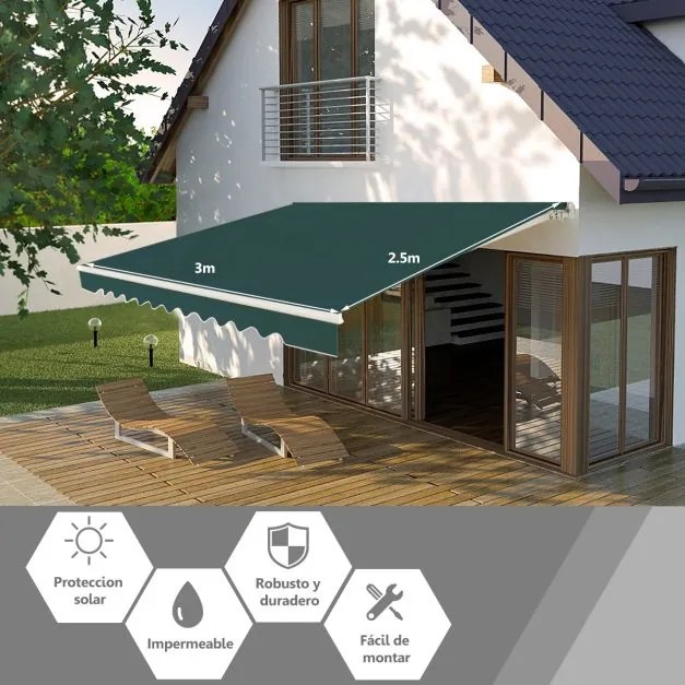 Toldo retrátil 3 x 2,5 m em alumínio com manivela e poliéster impermeável para exterior Verde