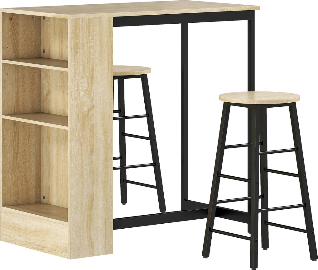 HOMCOM Conjunto Mesa Alta com 2 Bancos Apoios para os Pés 3 Compartimentos Prateleira Ajustável para Cozinha Carvalho | Aosom Portugal