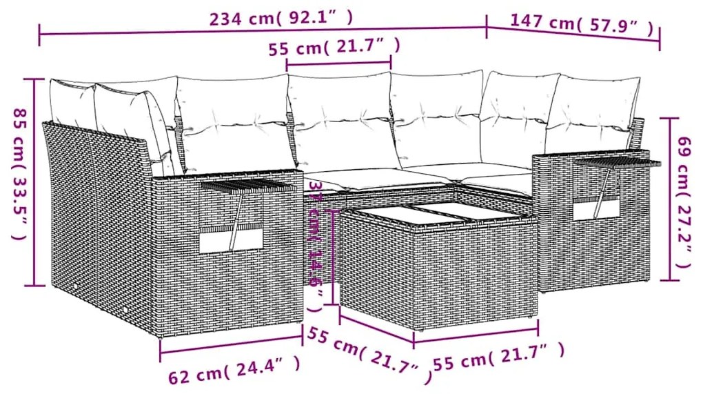 7 pcs conj. sofás jardim com almofadões vime PE cinzento-claro