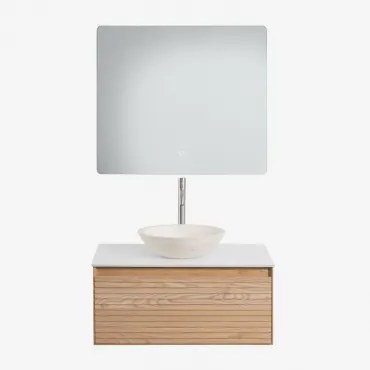 Conjunto De Móvel De Casa De Banho Suspenso Em Madeira De Freixo Tedrik Castanho Fresno & Cimento Redondo Branco Ø40 Cm Zavion & Led - Sklum