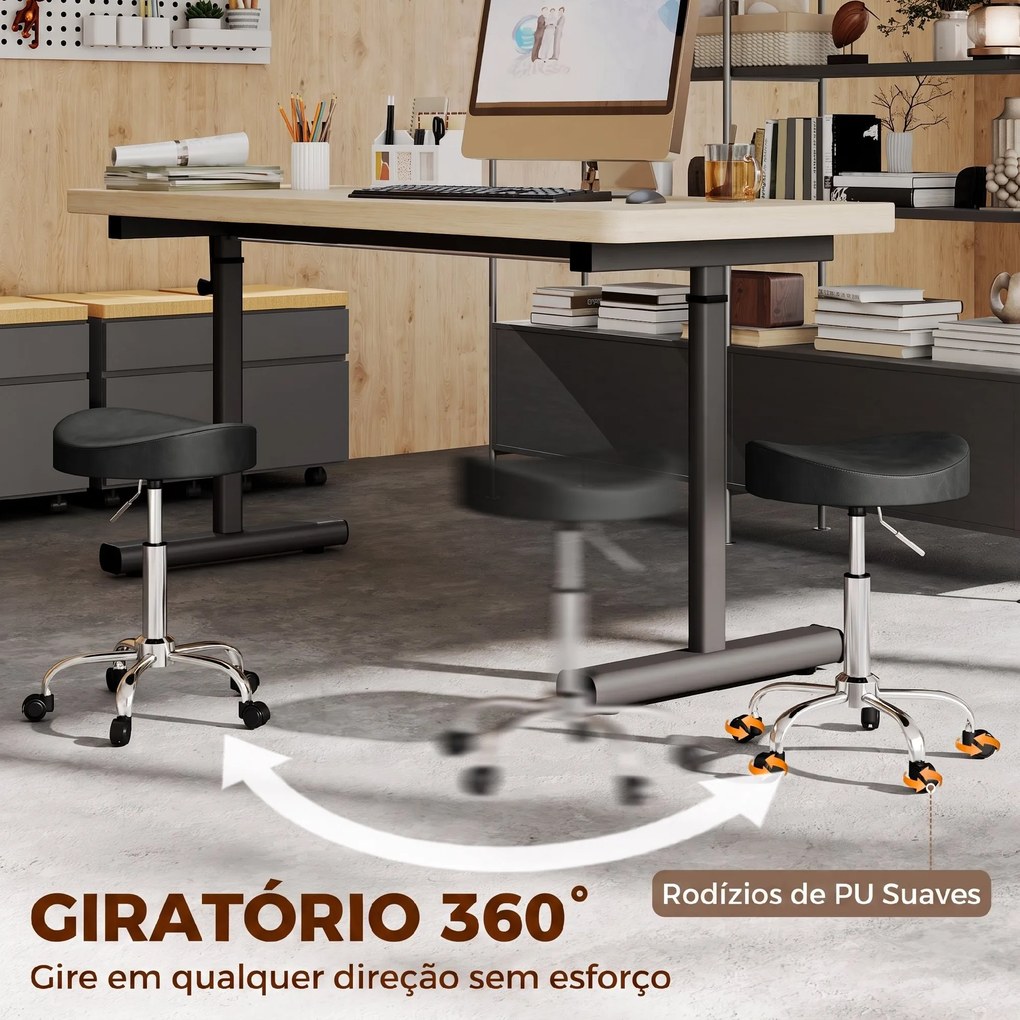 Banco Giratório com Rodas e Altura Ajustável em Pele Sintética com Assento Acolchoado para Spa Escritório e Estúdio de Tatuagens Preto