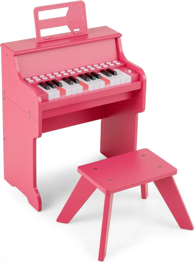 Piano de brincar com 25 teclas para crianças 38 x 24 x 47 cm, com banco e suporte, velocidade e volume ajustáveis, modo de aprendizagem, design em mad