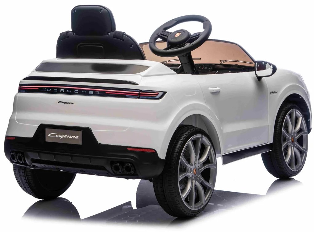 Carro elétrico para crianças Porsche Cayenne 12V com tração traseira – Licença oficial, bateria de lítio, comando remoto 2,4 GHz, leitor MP3, luzes LE