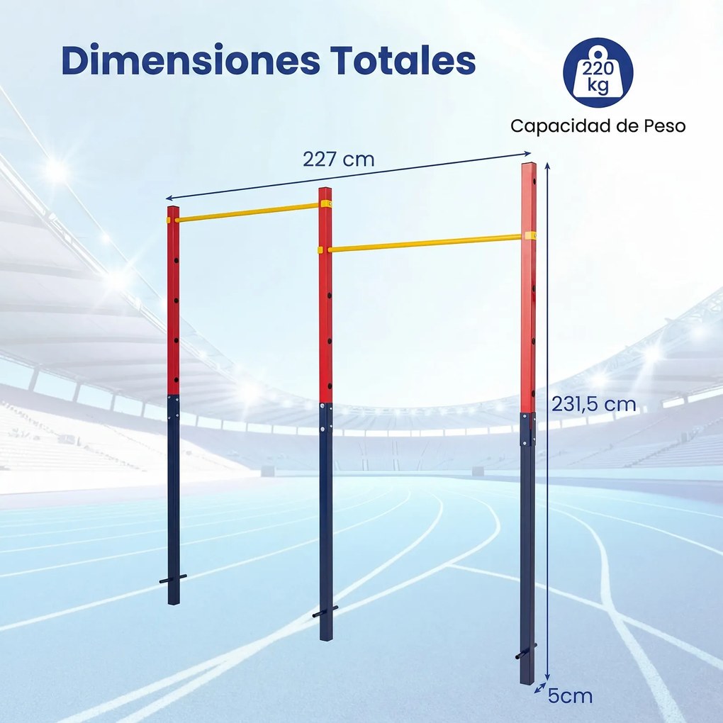 Barra de Elevações Dupla para Exterior, 227 x 5 x 231,5 cm, Altura Regulável em 5 Posições, Vermelho