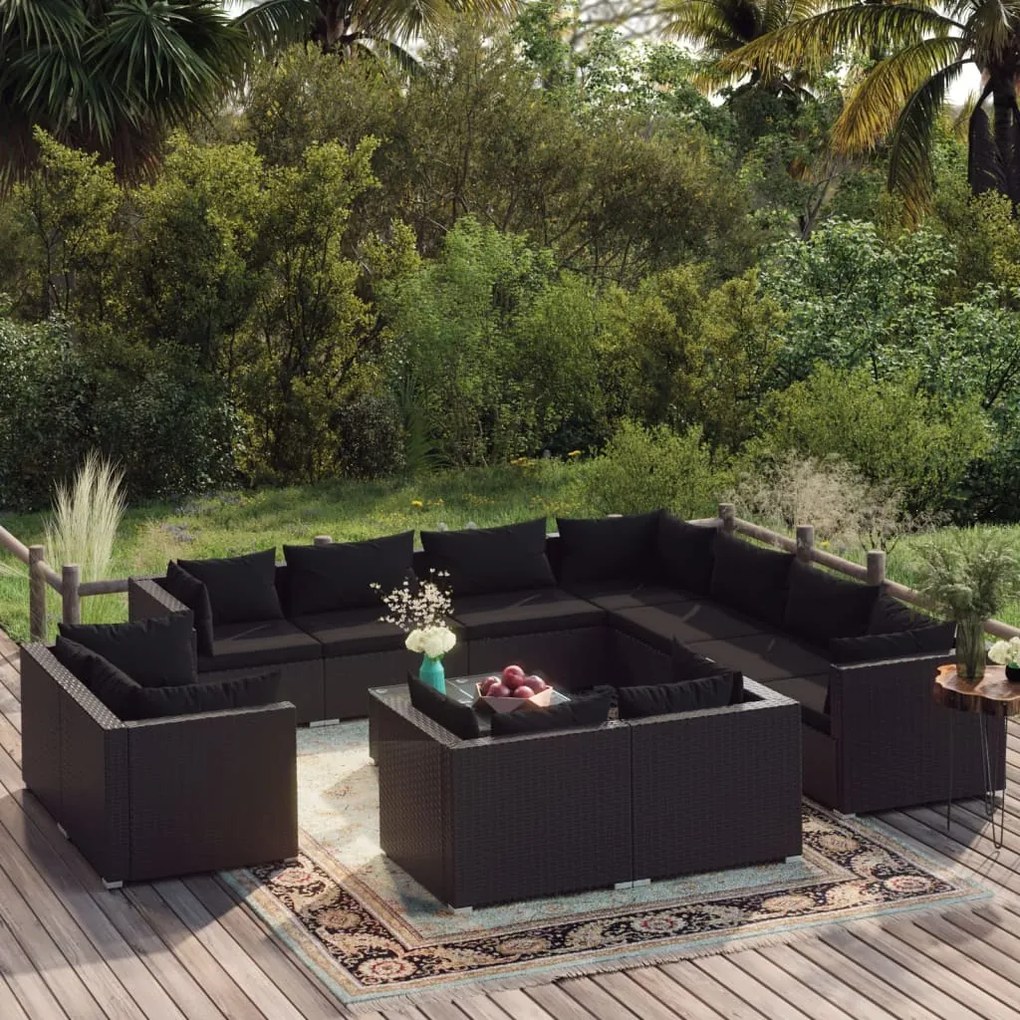 vidaXL 12 pcs conjunto lounge de jardim c/ almofadões vime PE preto