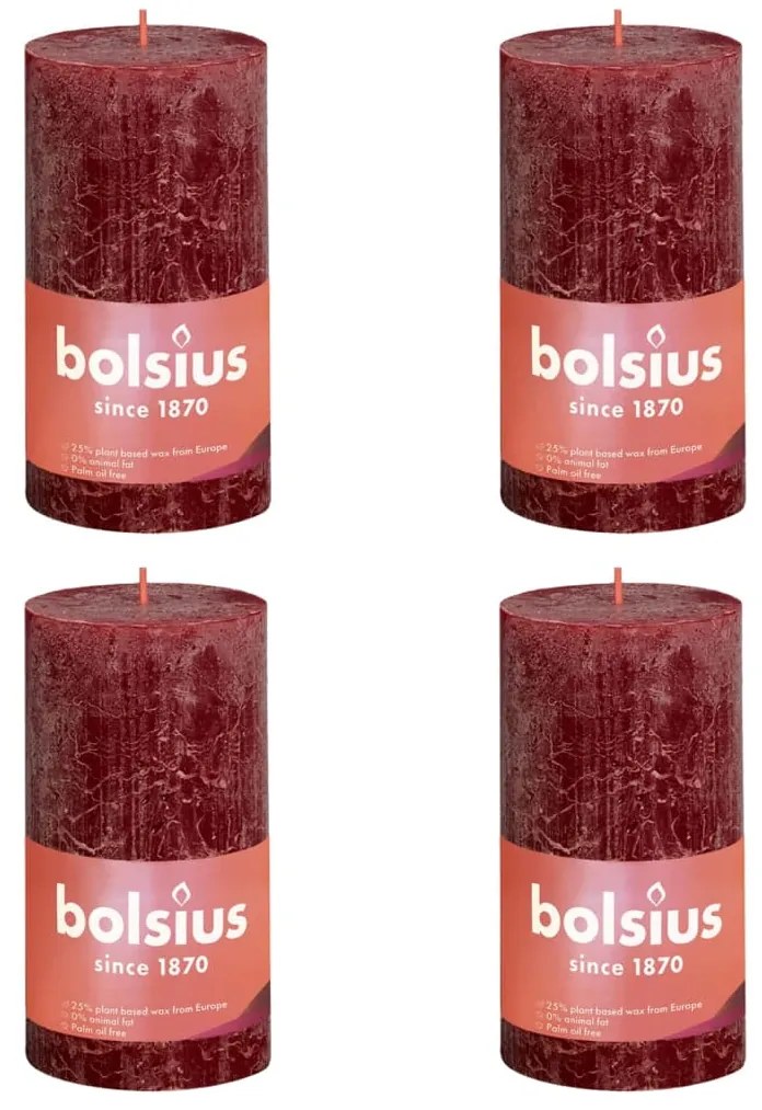 Bolsius Velas rústicas cilíndricas Shine 4pcs 130x68mm vermelho veludo
