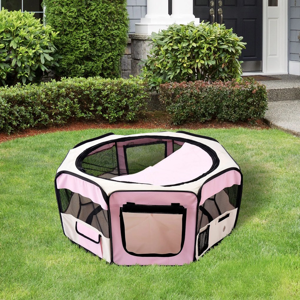 Parque Dobrável para Cães e Gatos Corralito Portátil para Animais Pequenos Impermeável em Tecido Oxford Ø90x41 cm Rosa