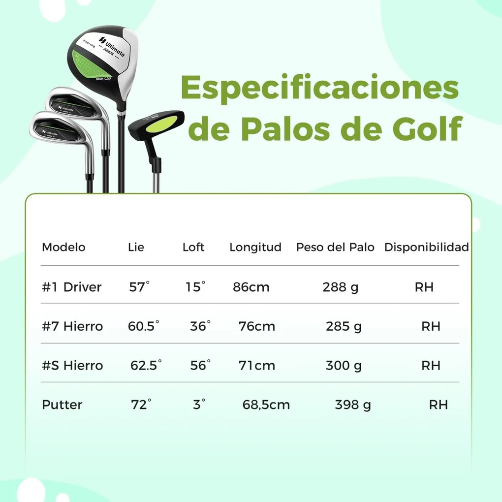 Conjunto de Tacos de Golfe para Crianças dos 8 aos 10 Anos Inclui Saco de Apoio com Capuz para Chuva Nº 1 Driver Nº 1 Irons e Nº 7 Putter#S Verde