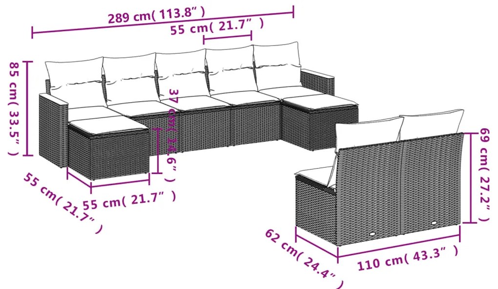 9 pcs conjunto sofás p/ jardim com almofadões vime PE cinzento