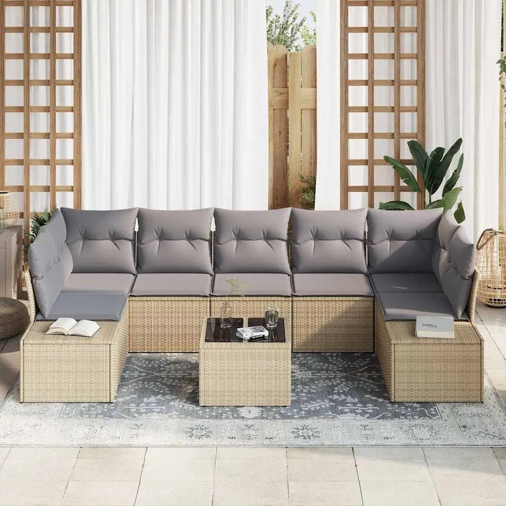 Conjunto de Sofá de Jardim de 8 Peças com Almofadas Bege de Rattan