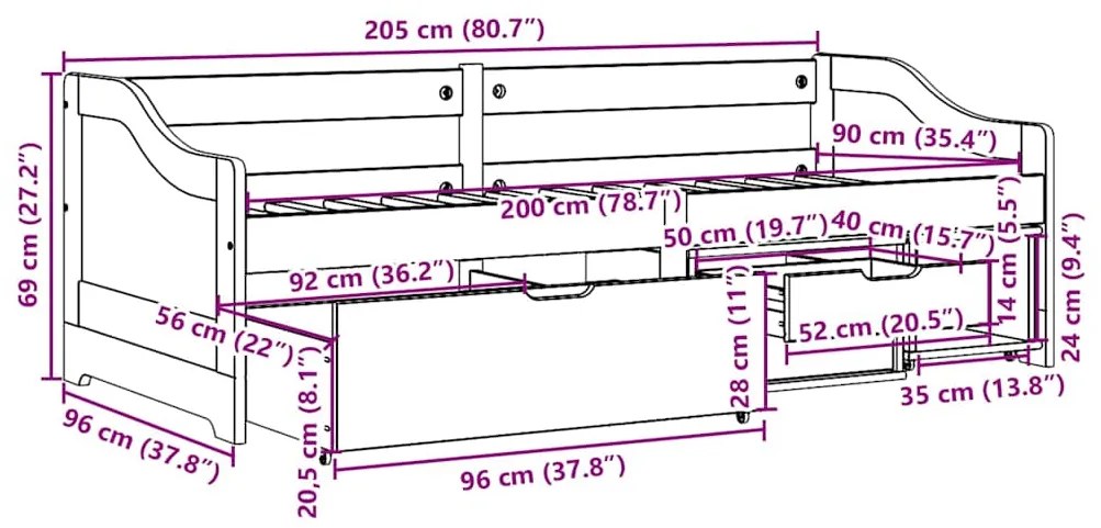 Sofá-cama com 3 gavetas sem colchão 90x200 cm IRUN branco&amp;rosa