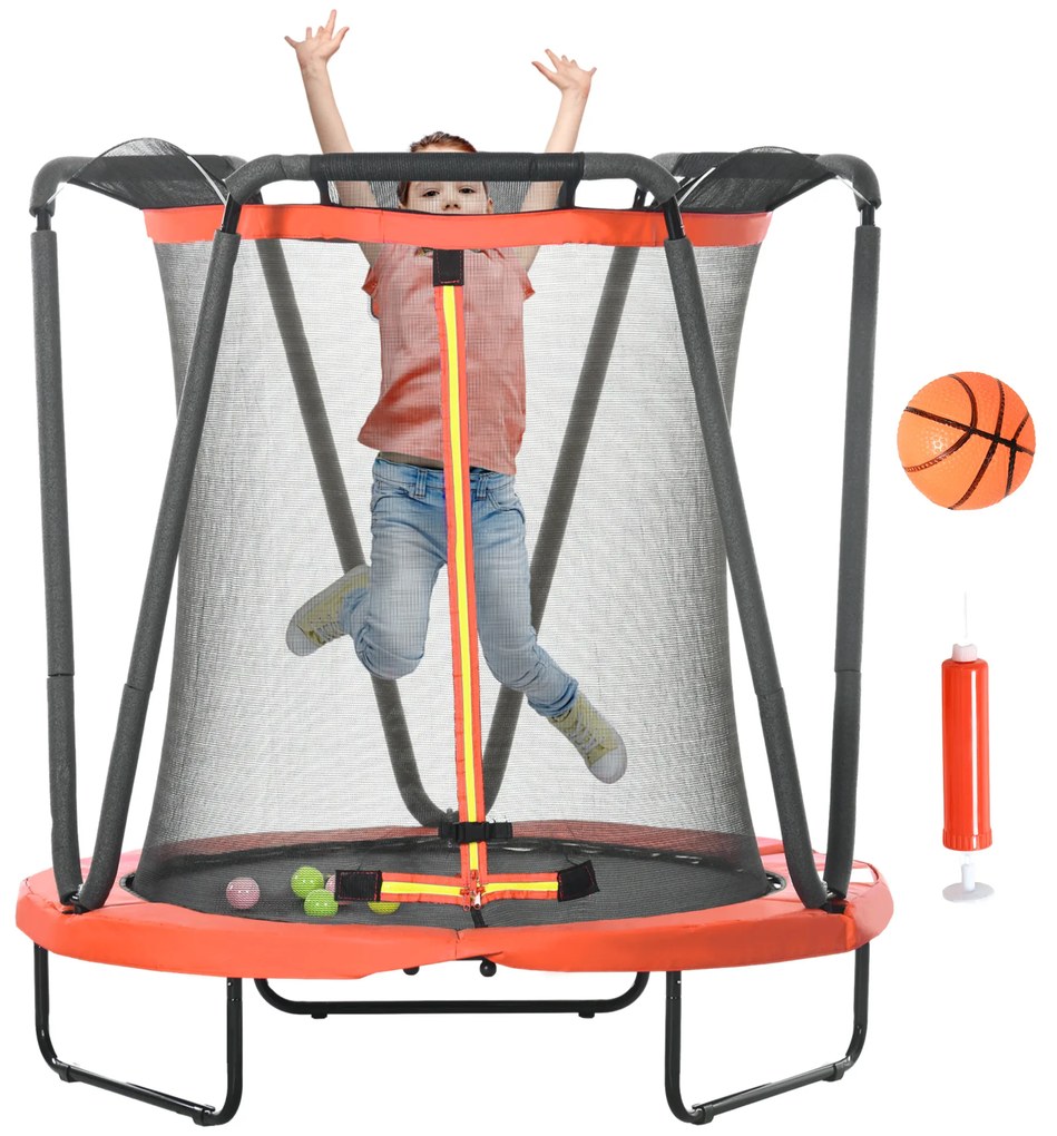 ZONEKIZ Trampolim Infantil Ø140x155 cm Trampolim para Crianças de 3-10 Anos com Cesta de Basquetebol e 20 Bolas de Plástico Vermelho | Aosom Portugal