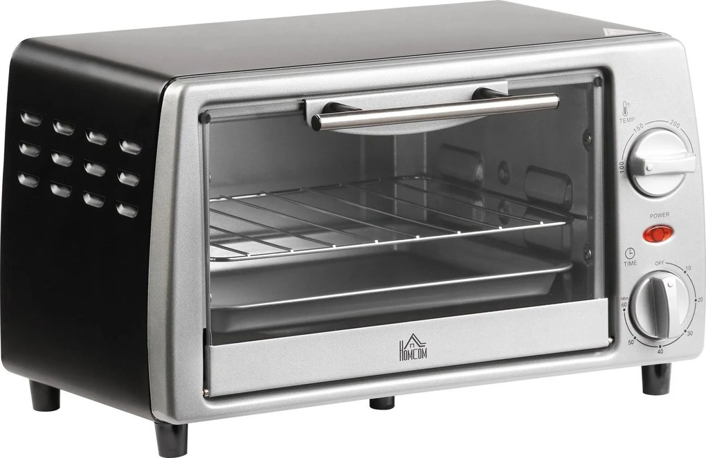 Mini Forno Elétrico de 10 Litros 750W com Temperatura até 230 °C Temporizador 60 Minutos Bandeja e Grade 36,5x26x22cm Preto e Prata