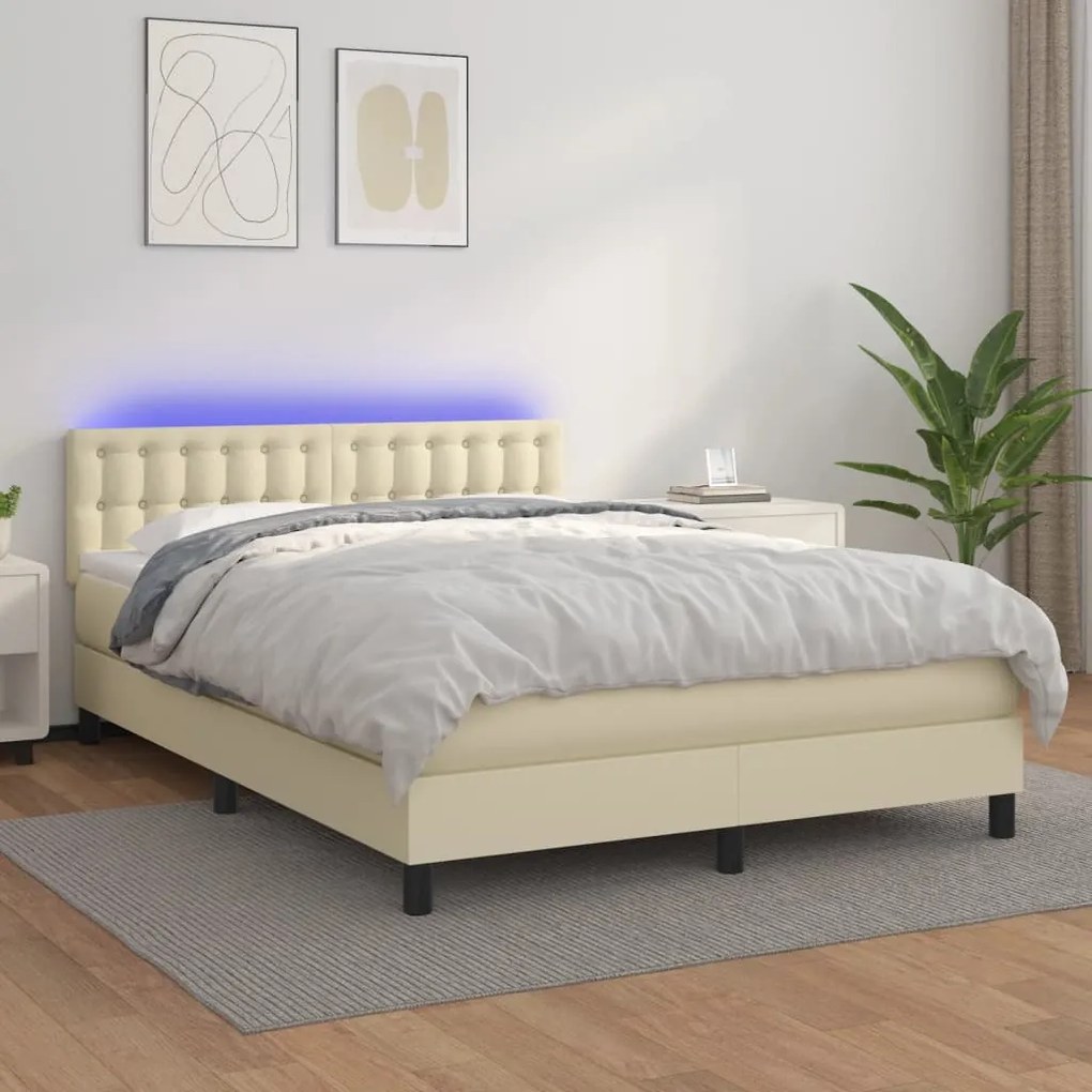 vidaXL Cama box spring c/ colchão/LED 140x190cm couro artificial creme