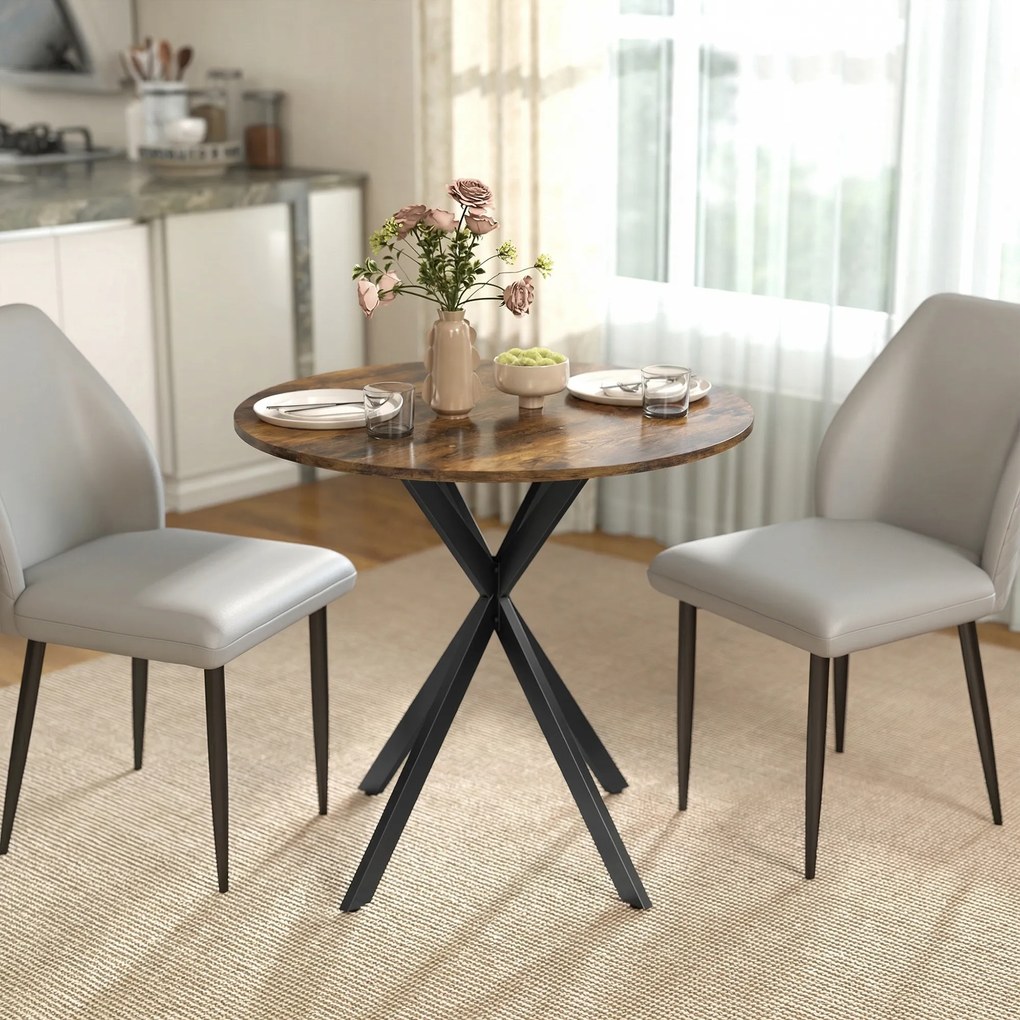 Mesa de Jantar Redonda, 80 x 80 x 75 cm (CADEIRAS NÃO INCLUIDAS), Estrutura Cruzada em Aço, Castanho Rústico