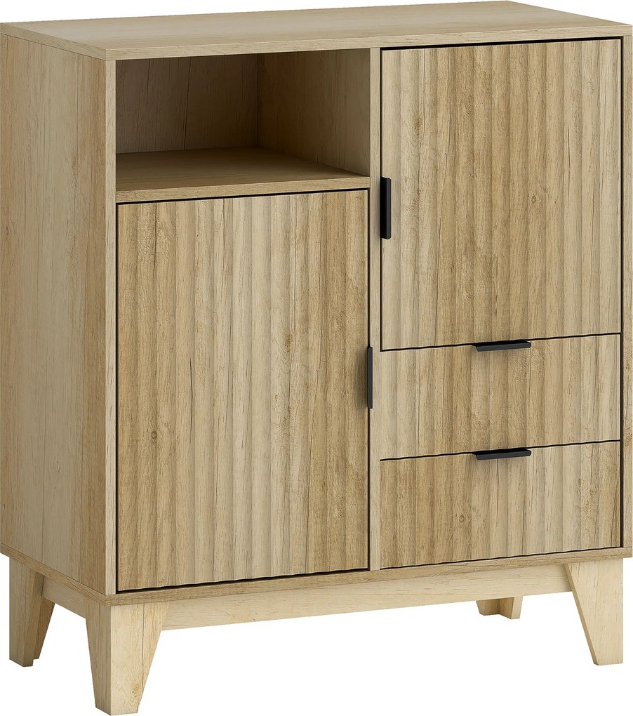 HOMCOM Aparador para Sala Móvel de Arrumação 2 Portas 2 Gavetas Prateleira Regulável Compartimento Aberto 80x40x90 cm Madeira Natural | Aosom Portugal