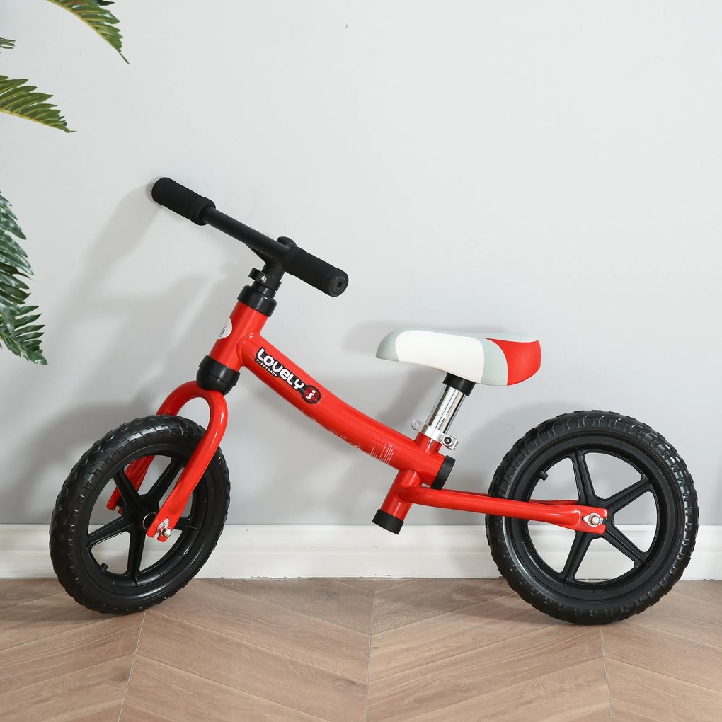 HOMCOM Bicicleta sem pedal para criança acima de 2 anos com selim ajustável em altura Pneus EVA máx. 25 kg Metal 65x33x46 cm Vermelho
