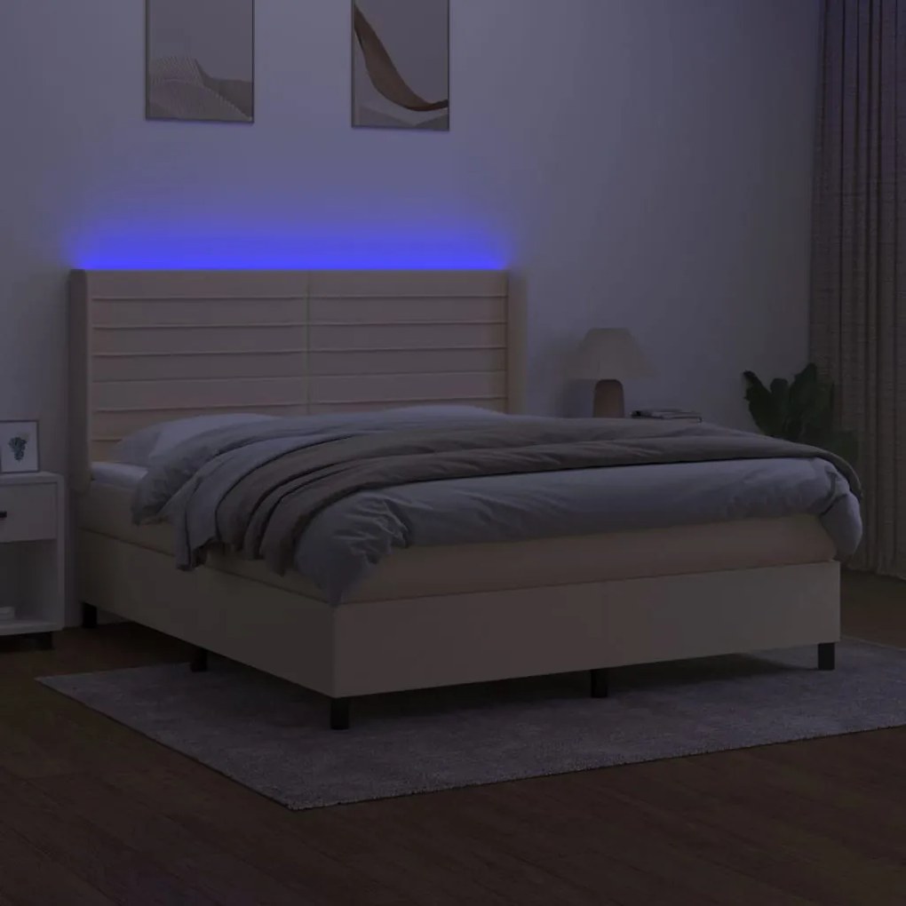 Cama box spring c/ colchão e LED 180x200 cm tecido cor creme